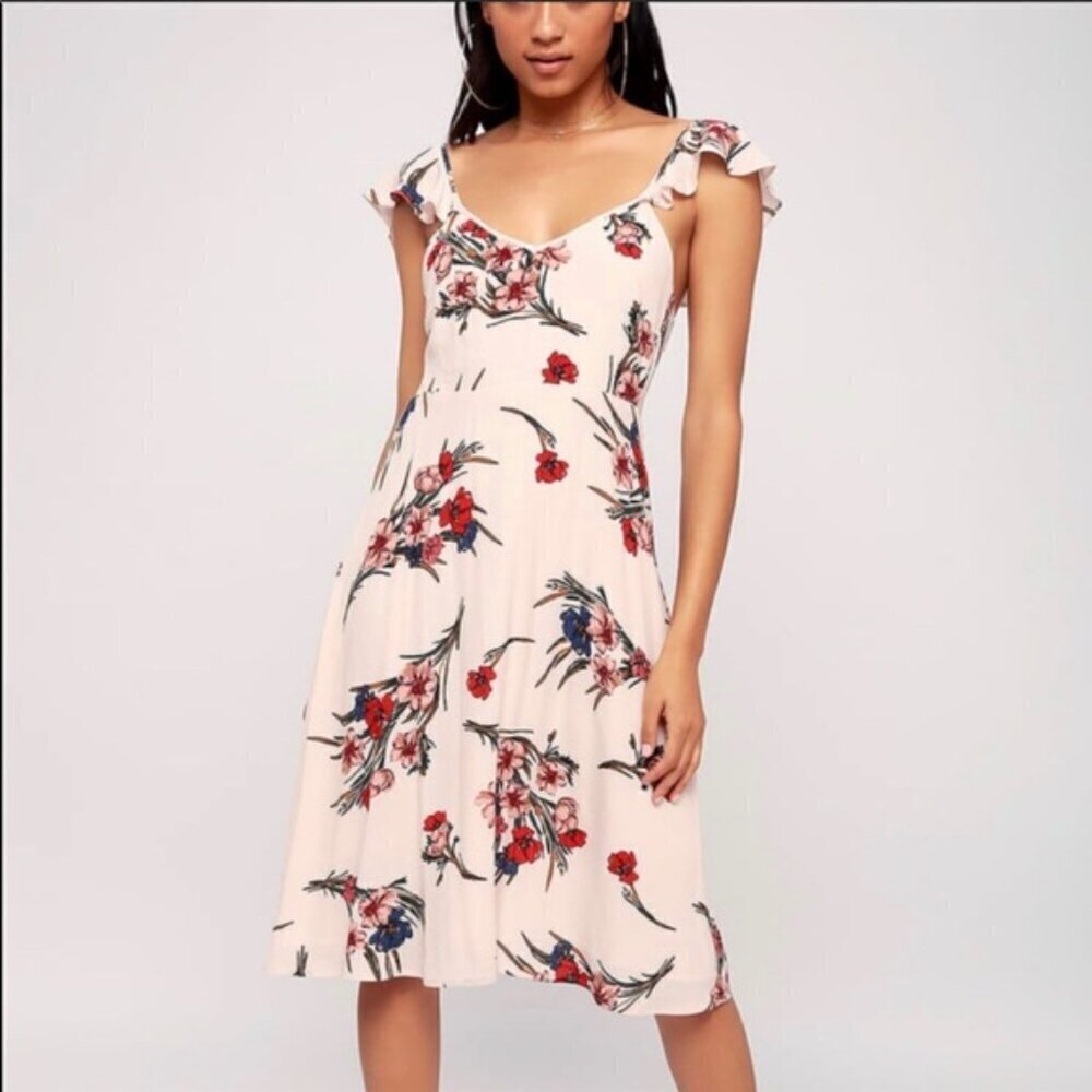 Lulus Coquette Take a Bow-quet Blush Floral Print Cottagecore Midi Dress Size XS